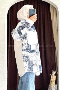 Modalamelif Renk Garnili Etnik Desen Kapak Cep Gömlek  Ekru-İndigo