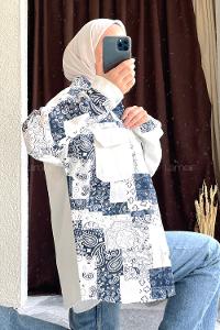 Modalamelif Renk Garnili Etnik Desen Kapak Cep Gömlek  Ekru-İndigo