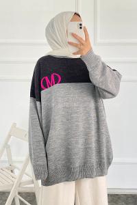 Modalamelif Renk Garnili M Baskılı Triko Kazak Gri-Antrasit
