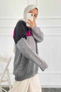 Modalamelif Renk Garnili M Baskılı Triko Kazak Gri-Antrasit