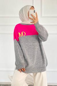 Modalamelif Renk Garnili M Baskılı Triko Kazak Gri-Fuşya