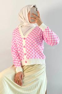 Modalamelif V Yaka Boydan Düğmeli Kare Desen Triko Hırka Pembe
