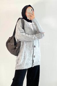 Modalamelif V Yaka Boydan Düğmeli Oversize Triko Hırka Gri