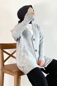 Modalamelif V Yaka Boydan Düğmeli Oversize Triko Hırka Gri