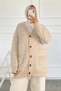 Modalamelif V Yaka Önü Boydan Düğmeli Çift CepliTriko Hırka Taş