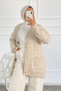 Modalamelif V Yaka Önü Boydan Düğmeli Çift CepliTriko Hırka Taş