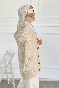 Modalamelif V Yaka Önü Boydan Düğmeli Çift CepliTriko Hırka Taş