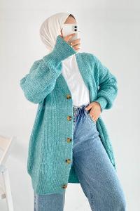 Modalamelif V Yaka Önü Boydan Düğmeli Triko Hırka Çağla Yeşili