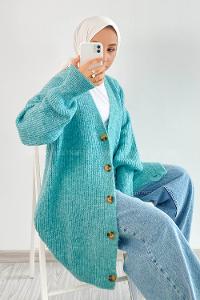 Modalamelif V Yaka Önü Boydan Düğmeli Triko Hırka Çağla Yeşili