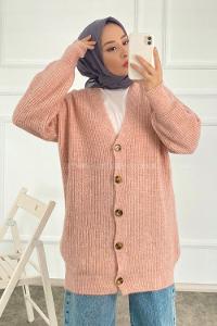 Modalamelif V Yaka Önü Boydan Düğmeli Triko Hırka Pudra