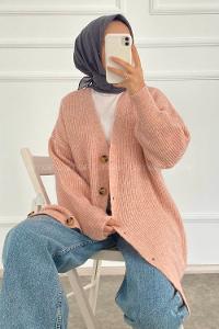 Modalamelif V Yaka Önü Boydan Düğmeli Triko Hırka Pudra