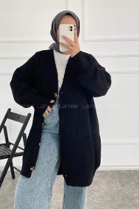 Modalamelif V Yaka Önü Boydan Düğmeli Triko Hırka Siyah