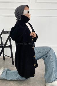 Modalamelif V Yaka Önü Boydan Düğmeli Triko Hırka Siyah