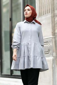 Modalamelif Önü Boydan Düğmeli Fırfırlı Oduncu Tunik Gri