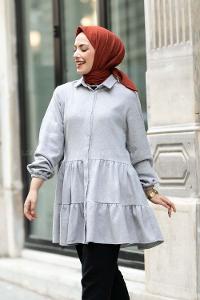 Modalamelif Önü Boydan Düğmeli Fırfırlı Oduncu Tunik Gri