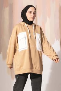 Modalamelif Cep Garnili Kapşonlu Tunik Sütlü Kahve-Beyaz