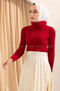 Modalamelif Fitilli Boğazlı Triko Kazak Kırmızı