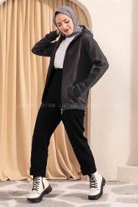 Modalamelif Önü Fermuarlı Kapşonlu Hırka Antrasit