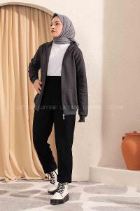 Modalamelif Önü Fermuarlı Kapşonlu Hırka Antrasit