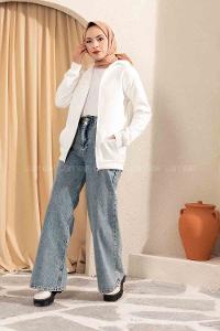 Modalamelif Önü Fermuarlı Kapşonlu Hırka Beyaz