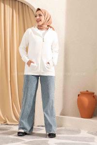 Modalamelif Önü Fermuarlı Kapşonlu Hırka Beyaz