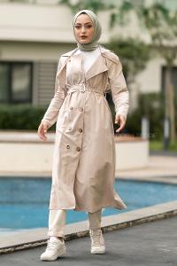 Modalamelif Beli Kuşak Bağlamalı Çift Cepli Önü Düğmeli Trenç Taş