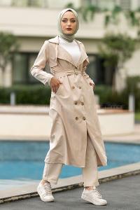 Modalamelif Beli Kuşak Bağlamalı Çift Cepli Önü Düğmeli Trenç Taş