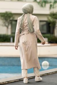 Modalamelif Beli Kuşak Bağlamalı Çift Cepli Önü Düğmeli Trenç Taş