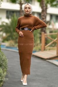 Modalamelif Fitilli Boğazlı Triko Elbise Kahverengi