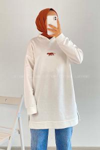 Modalamelif  Kapüşon Detaylı Kaplan Nakışlı Yanı Yırtmaçlı Tunik Ekru