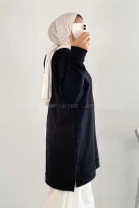 Modalamelif  Kapüşon Detaylı Kaplan Nakışlı Yanı Yırtmaçlı Tunik Siyah