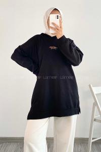 Modalamelif  Kapüşon Detaylı Kaplan Nakışlı Yanı Yırtmaçlı Tunik Siyah