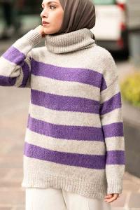 Modalamelif Balıkçı Yaka Şerit Desenli Renk Garnili Triko Kazak Gri-Mor