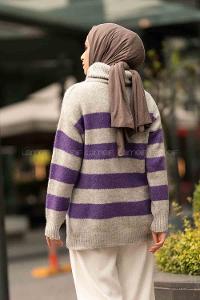 Modalamelif Balıkçı Yaka Şerit Desenli Renk Garnili Triko Kazak Gri-Mor