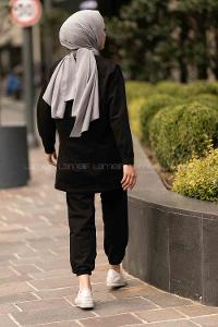 Modalamelif Bisiklet Yaka Asimetrik Desen Dar Paça İkili Takım Siyah