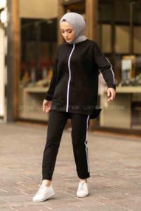 Modalamelif Bisiklet Yaka Şerit Detaylı Dar Paça İkili Takım Siyah