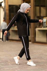 Modalamelif Bisiklet Yaka Şerit Detaylı Dar Paça İkili Takım Siyah