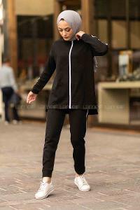 Modalamelif Bisiklet Yaka Şerit Detaylı Dar Paça İkili Takım Siyah