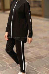 Modalamelif Bisiklet Yaka Şerit Detaylı Dar Paça İkili Takım Siyah