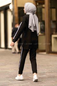 Modalamelif Bisiklet Yaka Şerit Detaylı Dar Paça İkili Takım Siyah