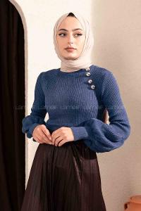 Modalamelif Yarım Balıkçı Yaka Düğme Detaylı Balon Kol Kazak İndigo