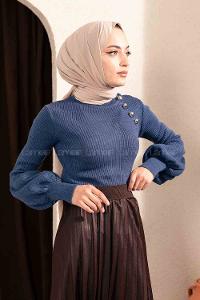 Modalamelif Yarım Balıkçı Yaka Düğme Detaylı Balon Kol Kazak İndigo