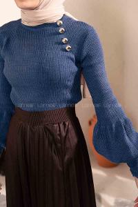 Modalamelif Yarım Balıkçı Yaka Düğme Detaylı Balon Kol Kazak İndigo