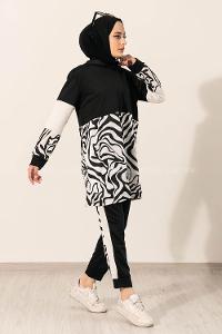 Modalamelif Kapüşonlu Kol Garnili Zebra Desen Takım Siyah-Beyaz