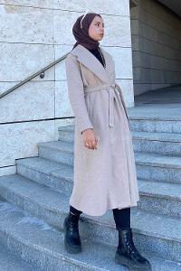 Lamelif Kuşak Bağlamalı Kaşe Kaban Bej