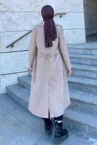 Lamelif Kuşak Bağlamalı Kaşe Kaban Bej