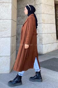 Lamelif Kuşak Bağlamalı Kaşe Kaban Kiremit