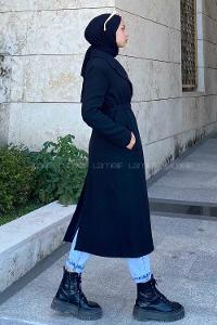 Modalamelif Kuşak Bağlamalı Kaşe Kaban Siyah