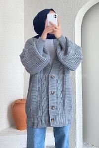 Modalamelif Balon Kol Örgü Desen Ön Düğmeli Hırka Gri