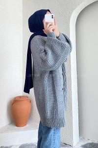 Modalamelif Balon Kol Örgü Desen Ön Düğmeli Hırka Gri